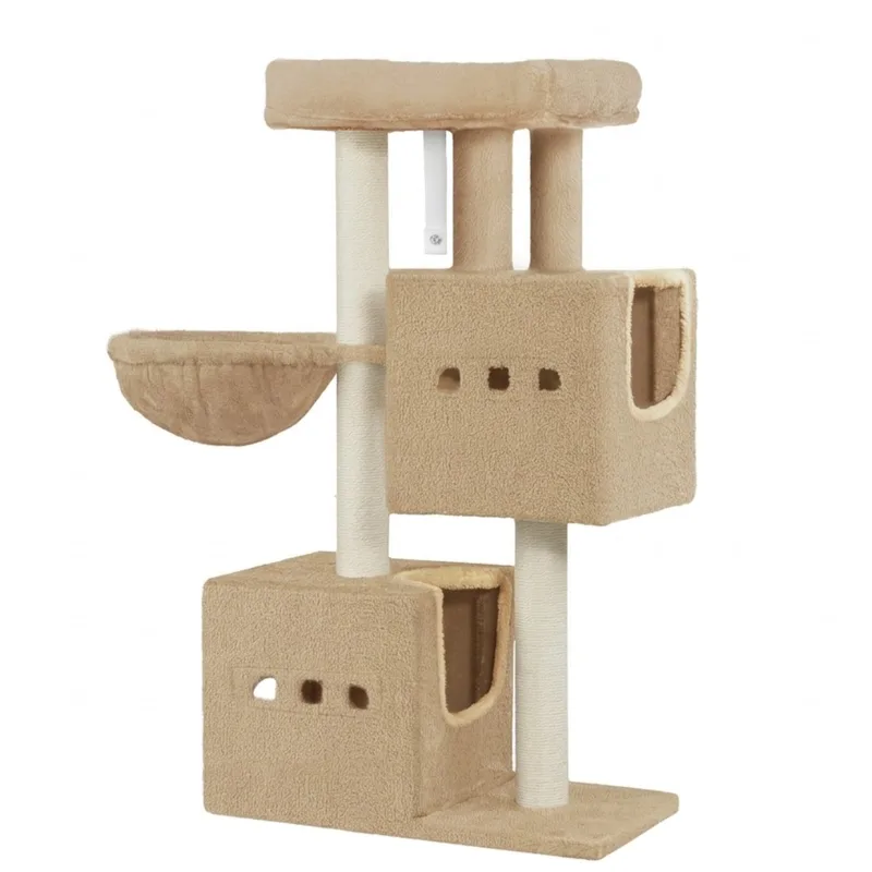 Kattenboom – Voor Katten – 98 cm Stevige Kattenboom met Groot Ligvlak, Kattenhol, Sisal Krabpalen, Mand en Speelballetjes – Camel Bruin de Happiq en Camel Brown – photo produit