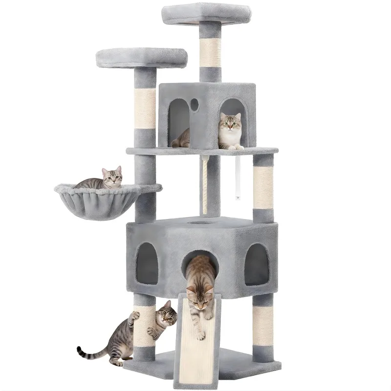 Kattenboom – XL – Voor Binnenkatten – Met 2 Platforms, 2 Holletjes, 4 Krabpalen, 1 Krabplank, Sisaltouw en Plush Speelballetjes – Lichtgrijs by Happiq – product photo