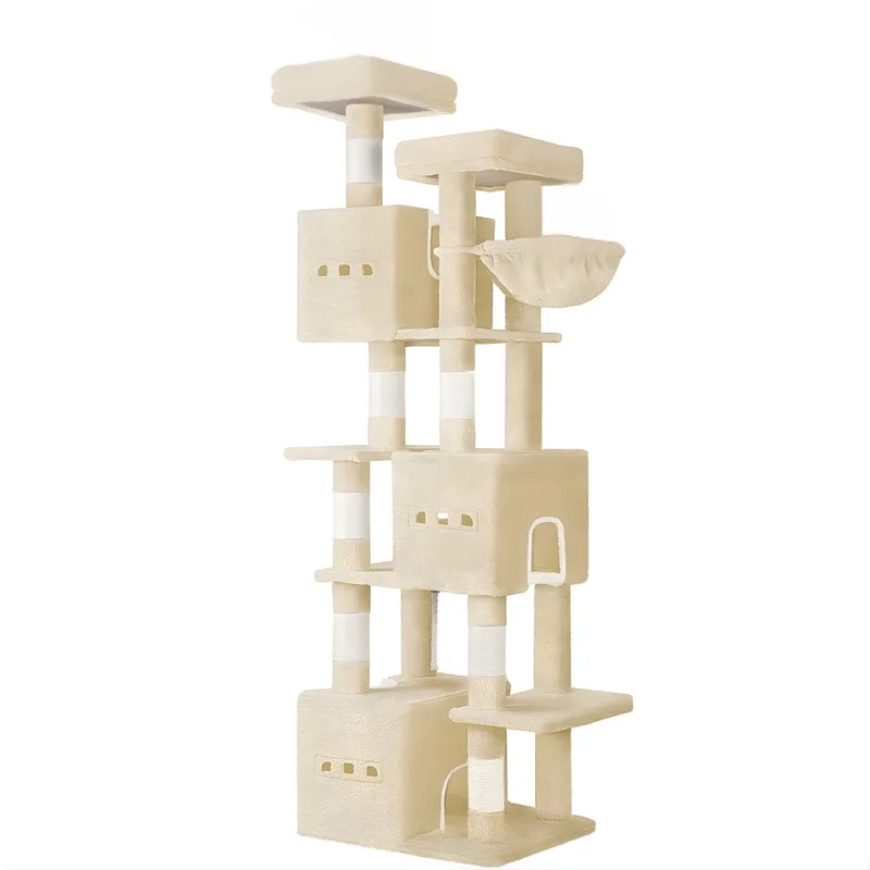 Kattenboom – XXL – Voor Grote Katten – 193 cm Hoge Kattenboom met 7 Krabpalen, 3 Holletjes, 2 Platforms, 2 Speelballetjes en Mand de Happiq en Beige – photo produit