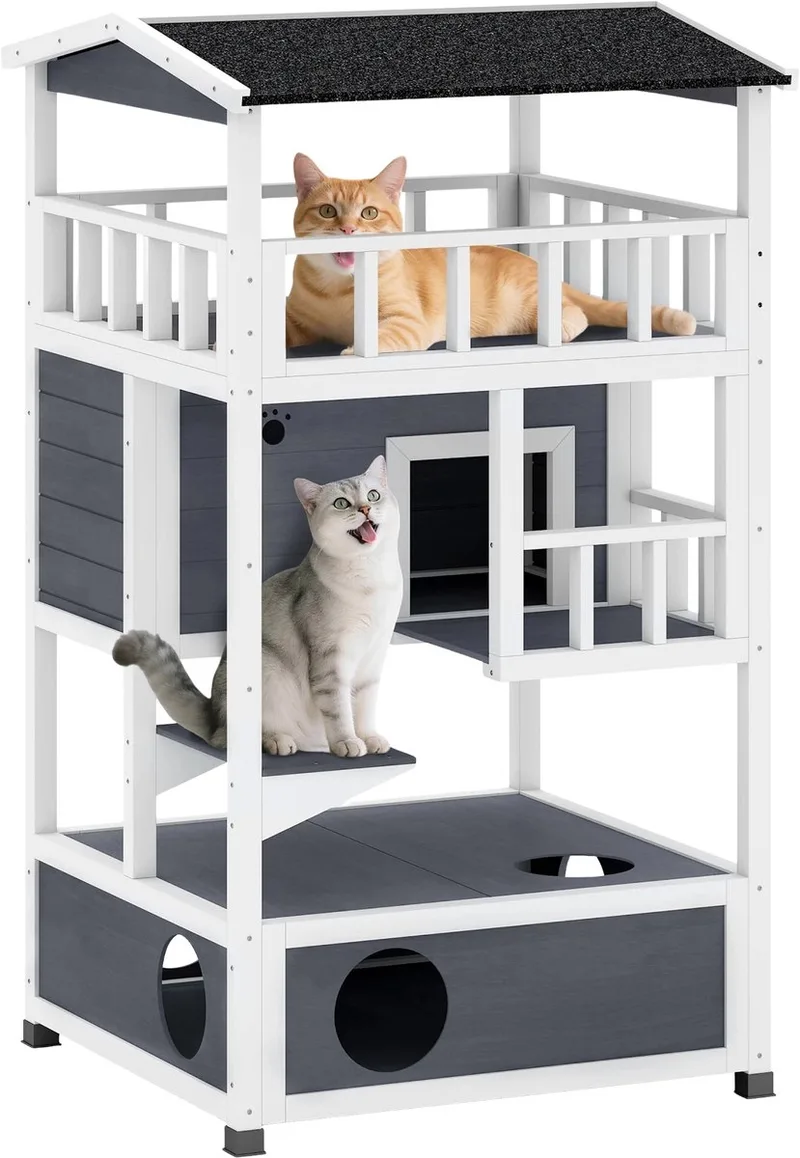Kattenhuis 4 Verdiepingen – Outdoor Kattenvilla van Vurenhout – Grijs de Happiq – photo produit