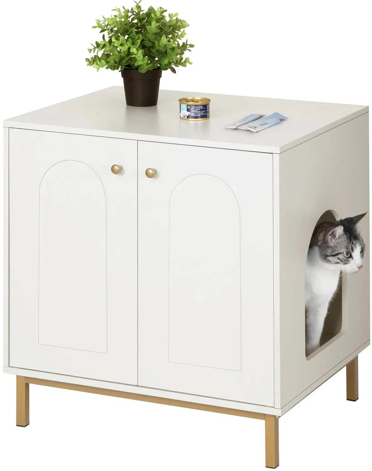 Kattenhuis bijzettafel - Voor katten - Met deur - Hout - Wit by Happiq – product photo