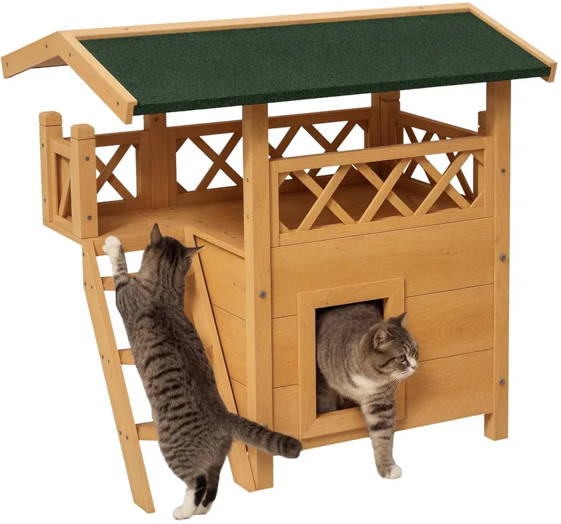 Kattenhuis met Asfaltdak – 2 Verdiepingen, Balkon & Trap – Naturel Hout von Happiq – Produktfoto