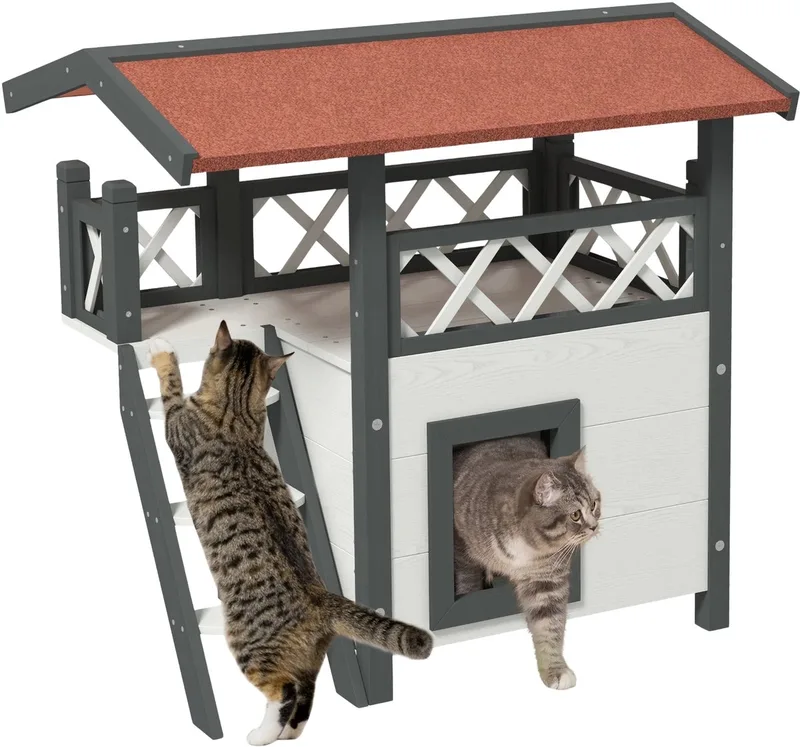Kattenhuis met Asfaltdak – 2 Verdiepingen, Balkon & Trap – Wit de Happiq – photo produit