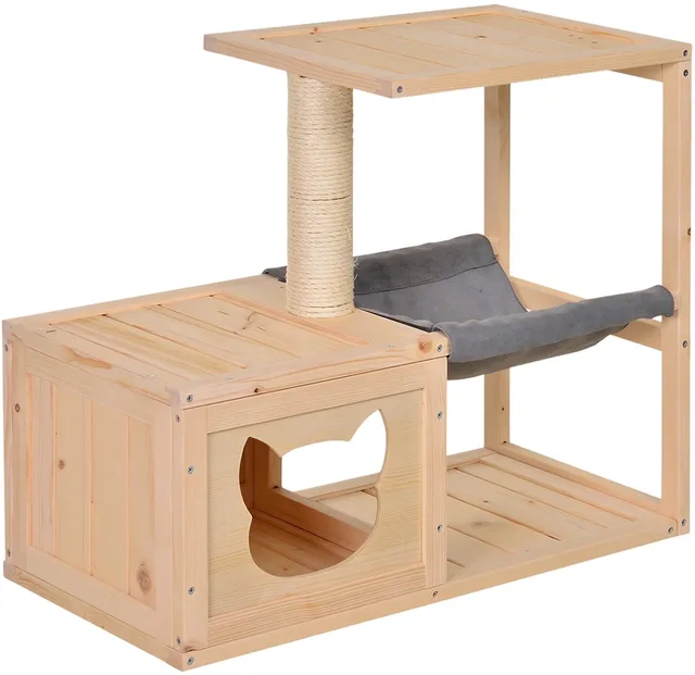Kattenhuis met Hangmat & Sisal Krabpaal – Vurenhout Kattenbox – Natuurlijk Hout