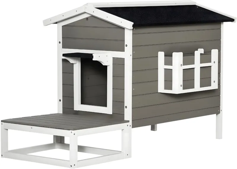 Kattenhuis met Terras – Kattenhut & Kattenmand – Kattenhol voor Binnen – Honden & Kleine Huisdieren – Grijs/Wit von Happiq – Produktfoto