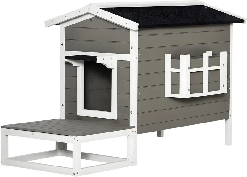 Kattenhuis met Terras – Kattenhut & Kattenmand – Kattenhol voor Binnen – Honden & Kleine Huisdieren – Grijs/Wit von Happiq in Weiß – Produktfoto