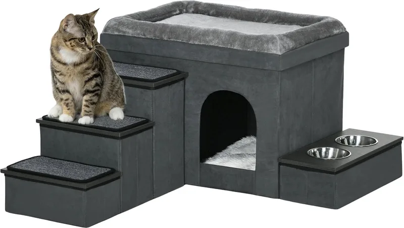 Kattenhuis met Trap – Katten Cave met 2 Voerbakken & Kussen – Grijs by Happiq – product photo