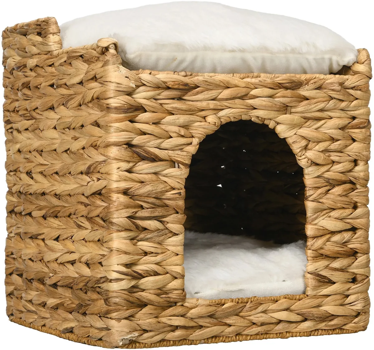 Kattenhuis - Voor Binnen - 2-Laags Met Zachte Wasbare Kussens - Waterhyacint en Hout - Bruin by Happiq – product photo