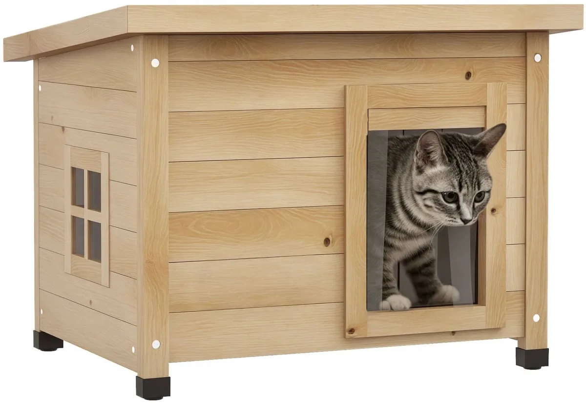 Kattenhuis - Voor Buiten - Weerbestendig Hout - Klepdeur en Verhoogde Poten by Happiq – product photo