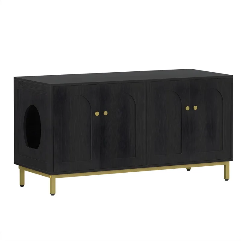 Kattenkast – Voor 2 Katten – 119 cm Verborgen Kattenbak Meubel, Houten Huis voor Huisdieren, Opbergkast / Bank – Zwart/Goud von Happiq in Schwarz – Produktfoto