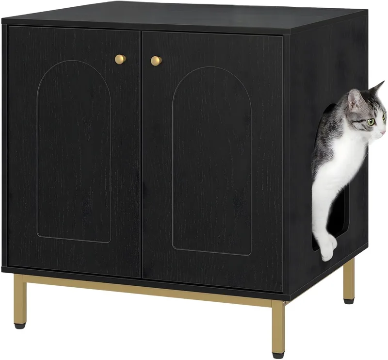 Kattenkast – Voor Binnenkatten – Kattenbak Kast met Deur, Houten Kattenhuis / Bijzettafel voor Huisdieren – 50 x 60 x 61 cm – Zwart de Happiq en Or – photo produit