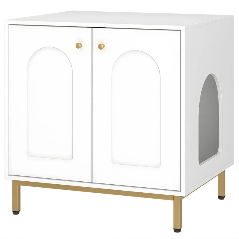 Kattenkast – Voor Binnenkatten – Kattenbak Kast met Deur, Houten Kattenhuis / Bijzettafel voor Huisdieren – 50 x 60 x 61 cm – Wit by Happiq in Gold – product photo