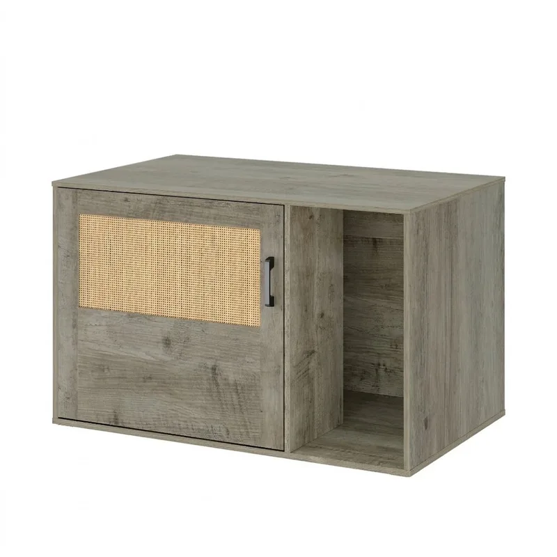 Kattenkast – Voor Binnenkatten – Verborgen Kattenbak Meubel met Rotan Deur, Boho Houten Kattenhuis / Opbergbank de Happiq en Greige – photo produit