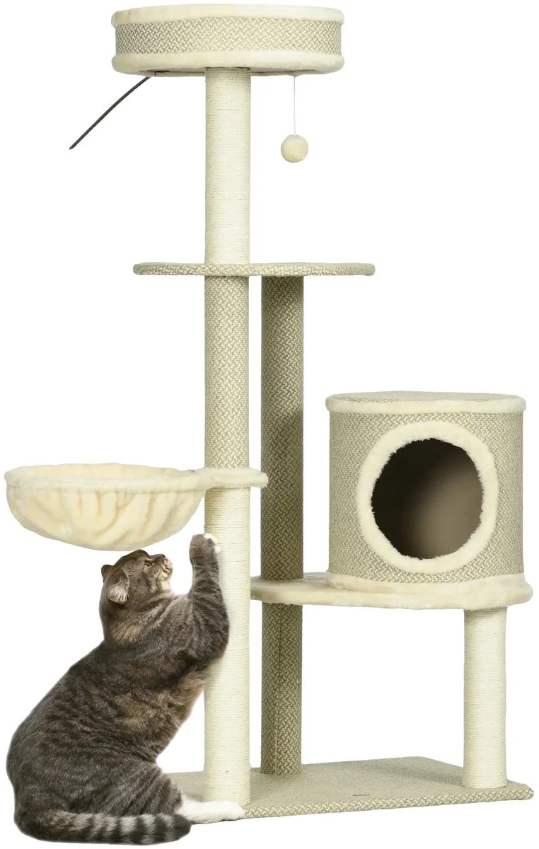 Kattenkrabpaal 124 cm – Krabtoren met Kattenhuis, Speelbal & Sisal Mand de Happiq en Beige – photo produit