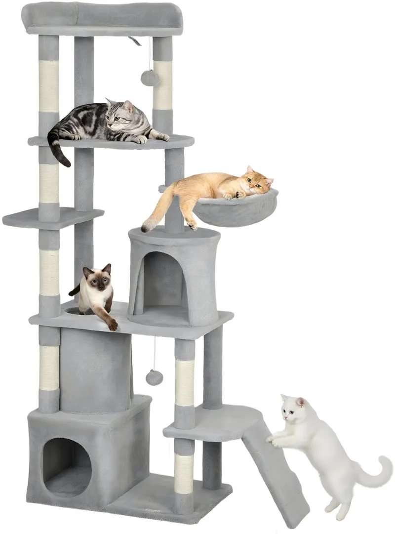 Kattenkrabpaal 170 cm – Krabtoren met Kattenhuis, 2 Pluche Bollen & Sisal Stammen – Lichtgrijs von Happiq – Produktfoto