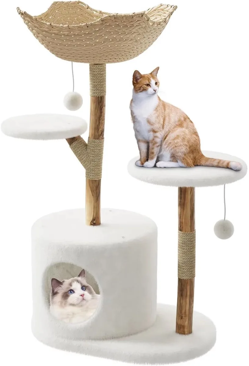 Kattenkrabpaal - Met Bed, Mand en Platform - voor binnenkatten - 2 Platformen Houtlook - Retro Bruin von Happiq – Produktfoto