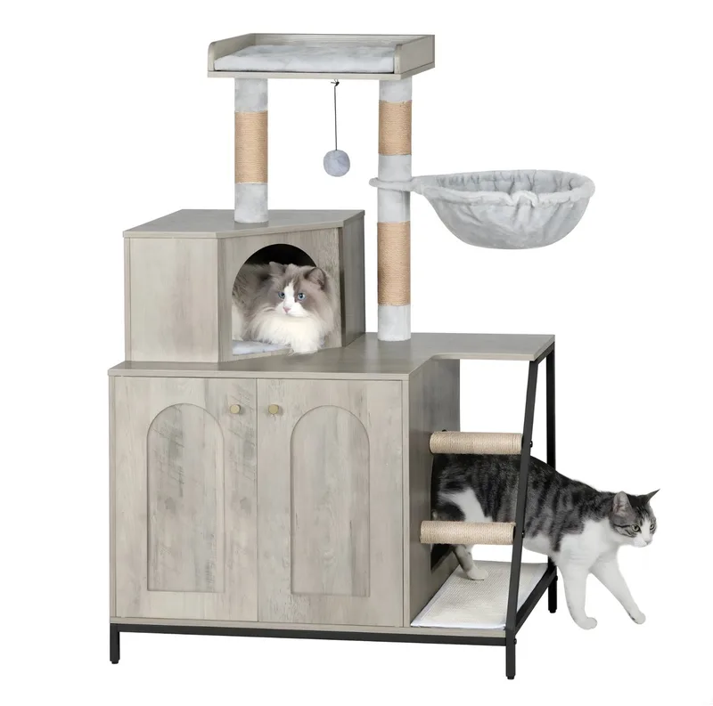 Kattenkrabpaal met Kattenbak Kast – Voor Binnenkatten – 4-in-1 Kattenhuis met Platform, Trap en Speelbal – Modern Design – Grijs de Happiq – photo produit