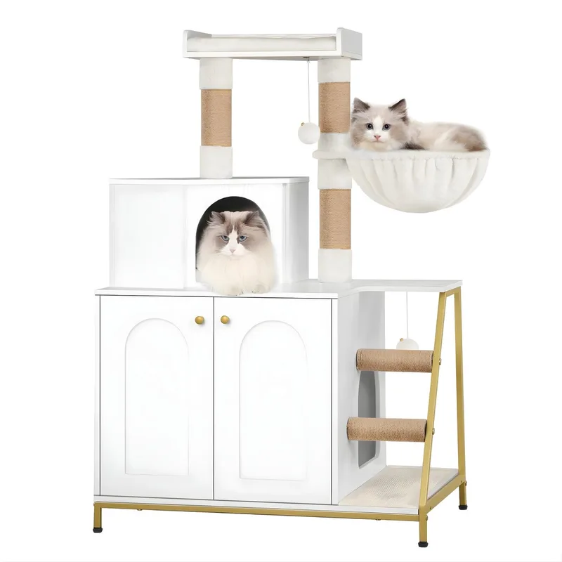 Kattenkrabpaal met Kattenbak Kast – Voor Binnenkatten – 4-in-1 Kattenhuis met Platform, Trap en Speelbal – Modern Design van Happiq in Wit – productfoto