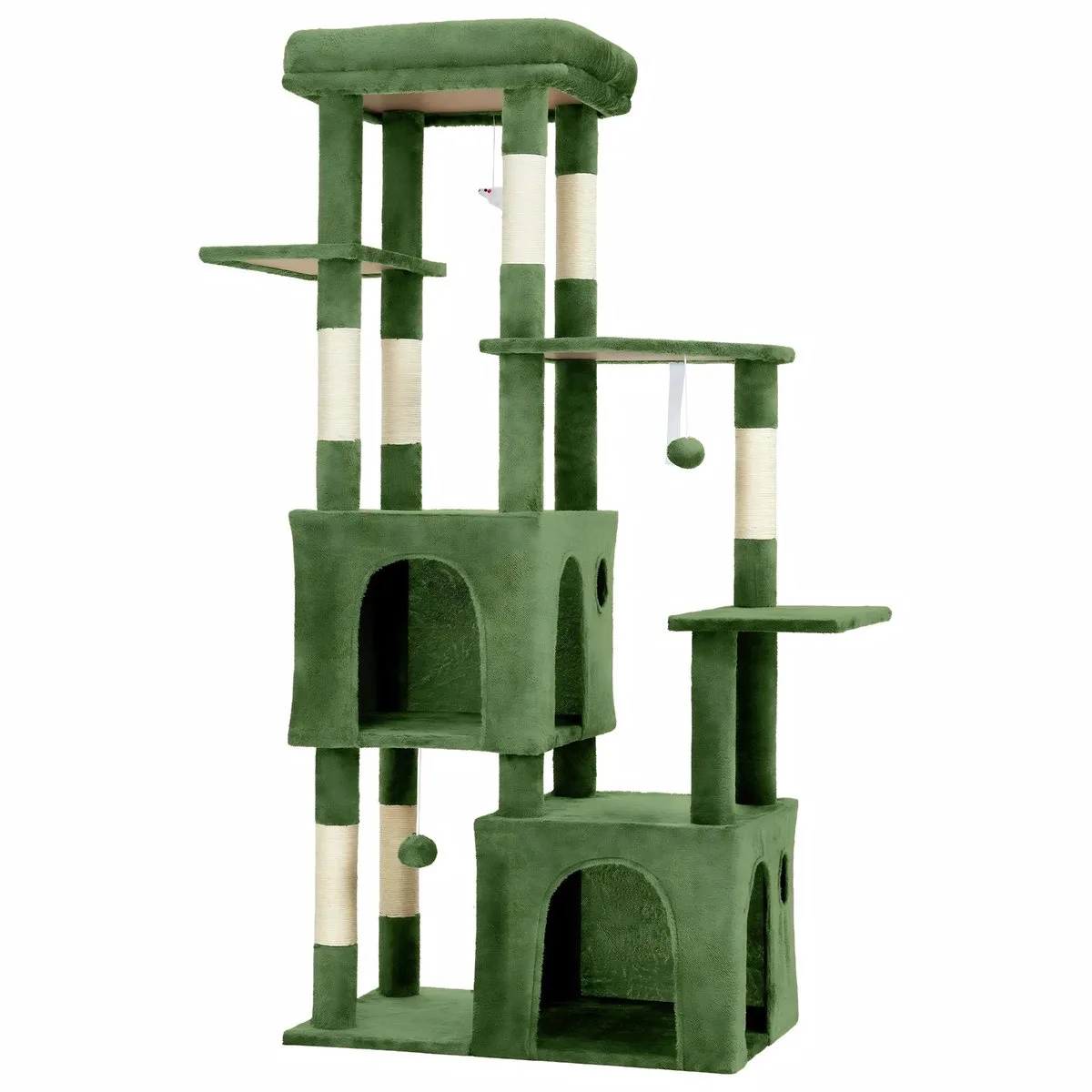 Kattenkrabpaal met Ligplaatsen - Groen Pluche en Hout - voor grote katten en maine coons - Donkergrijs von Happiq – Produktfoto