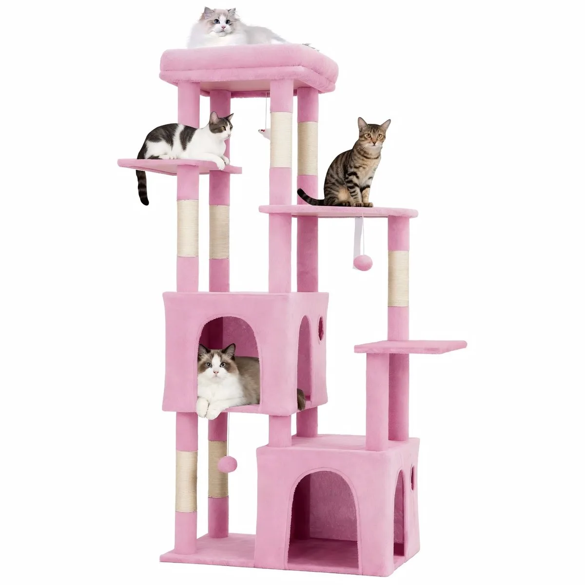 Kattenkrabpaal met Ligplaatsen - Multi-Level Speeltoren met Sisalpalen - voor grote katten en maine coons - Roze Pluche en Hout von Happiq in Hellblau – Produktfoto