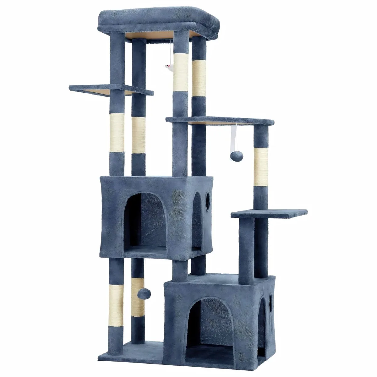 Kattenkrabpaal met Ligplaatsen - Multi-Level Speeltoren met Sisalpalen - voor grote katten en maine coons - Lichtblauw Pluche en Hout - Wit van Happiq – productfoto