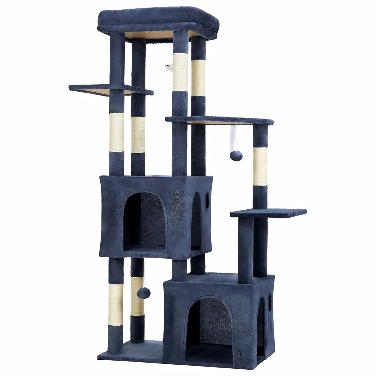 Kattenkrabpaal met Ligplaatsen - Multi-Level Speeltoren met Sisalpalen - voor grote katten en maine coons - Blauw Pluche en Hout - Roze von Happiq – Produktfoto