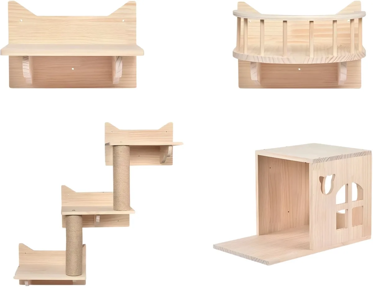 Kattenwandplanken Set 5-Delig - Houten Klimmuur voor Katten - Wandgemonteerd de Happiq en Natuurlijk – photo produit