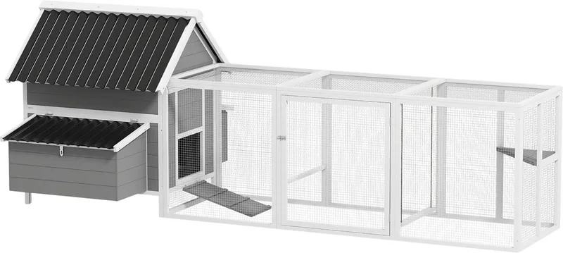 Kippenhok 283x133,5x112 cm – Kippenhuis met Buitenren voor 7–10 Kippen – Wit/Grijs de Happiq – photo produit