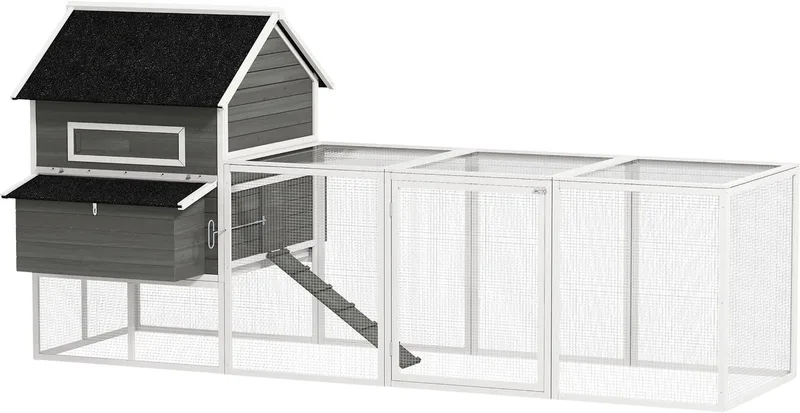Kippenhok 347x160x150 cm – Houten Kippenhuis met Ren, 2 Legnesten & Asfaltdak – Grijs von Happiq – Produktfoto