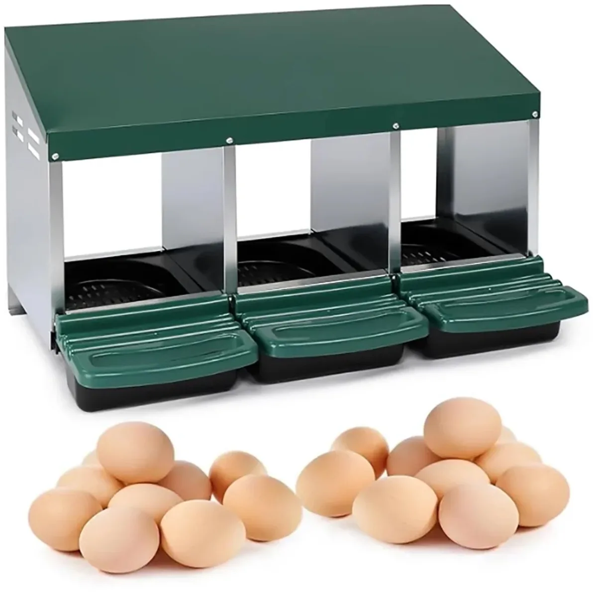 Kippenhok nestbox - Voor 3 Kippen - Uitrolbare Verzamellade - Groen Staal von Happiq – Produktfoto