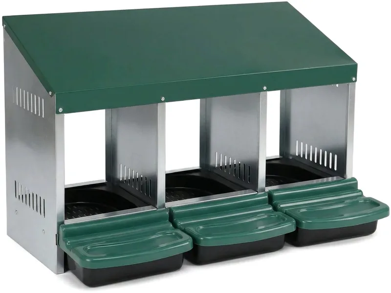 Kippenlegkast - 3-gaten, metalen nestkast met uitrolbare eieropvang, inclusief nep-eieren en installatie-accessoires - voor kippenhok von Happiq – Produktfoto