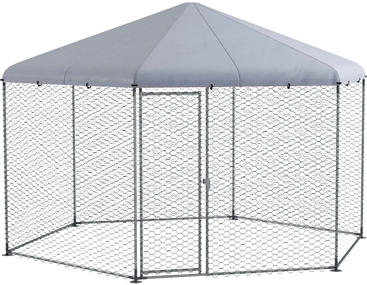 Kippenren 400x346x263 cm – Stalen Vrijloop Kippenhok met Afdekking – Zilver by Happiq – product photo