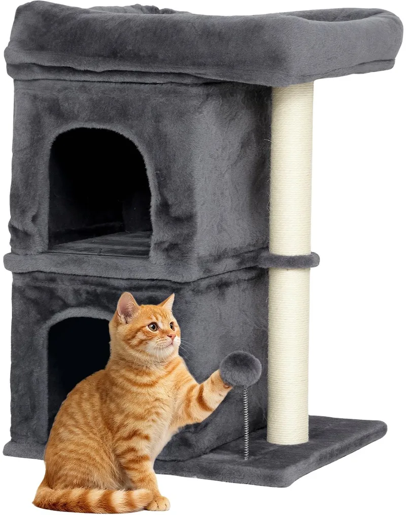 Kleine Krabpaal 66 cm – Kattenboom met 2 Caves & Speelbal – Donkergrijs de Happiq – photo produit