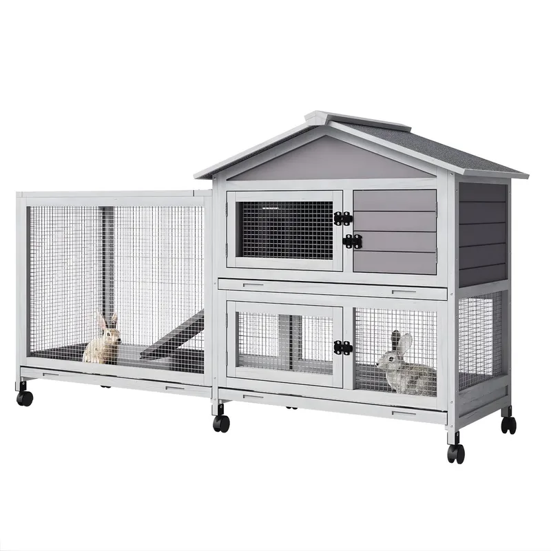 Konijnenhok met ren - Weerbestendig dak, uittrekbare lade en 6 vergrendelbare wielen - Grijs kleur 2-pack levering, 400x400 cm von Happiq – Produktfoto