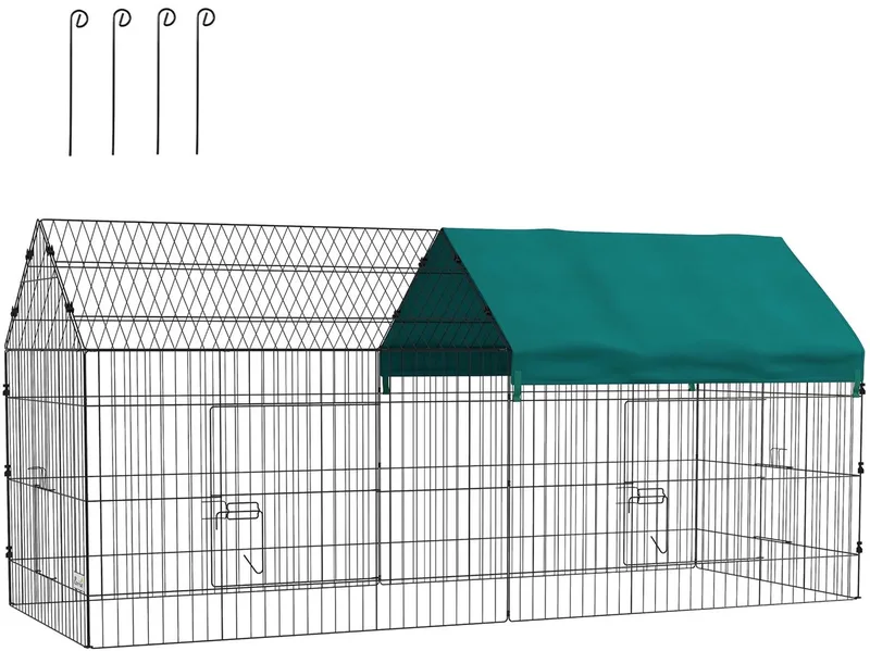 Konijnenren 220x85x103 cm – Vrijloopren met Afdekking & 4 Deuren – Groen/Zwart fra Happiq – produktbillede