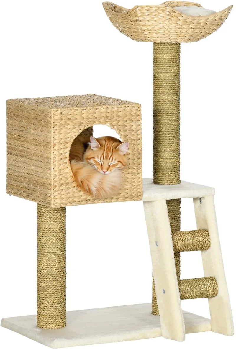 Krabpaal 100,5 cm – Kattenboom met Katten Cave, Ligbed, Trap & Kussens – Natuurlijk/Wit by Happiq – product photo