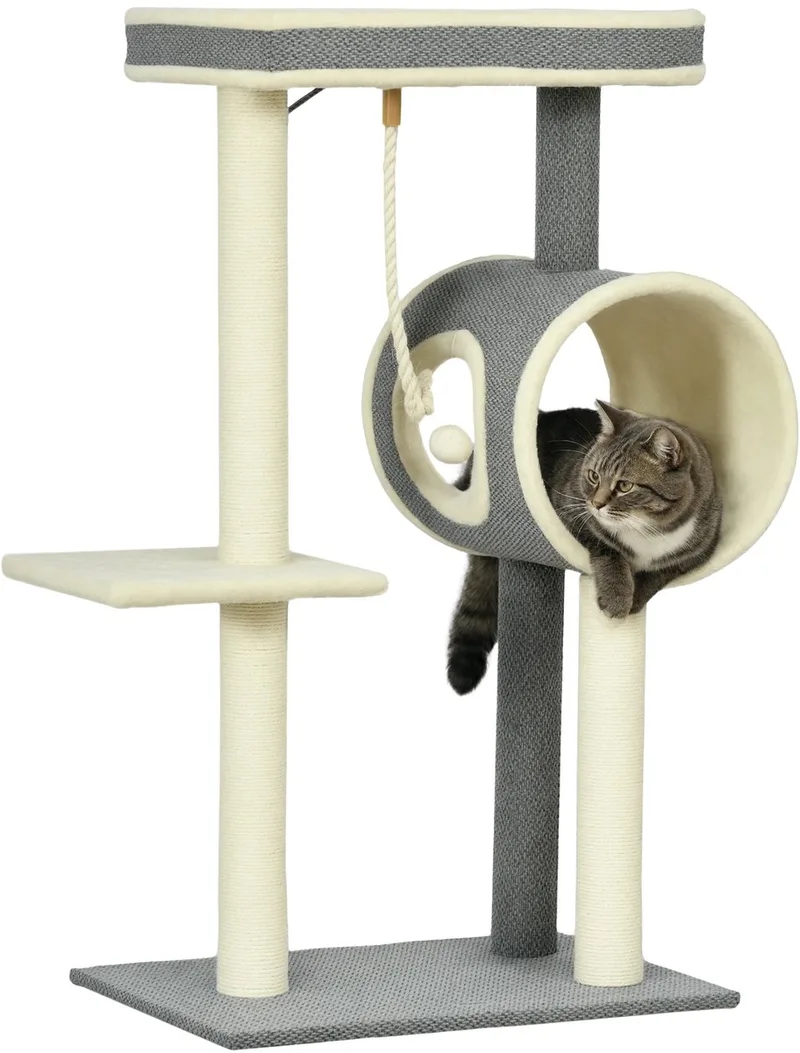 Krabpaal 104 cm – Kattenboom met Katten Cave & Speelbal – Grijs/Beige by Happiq in Beige – product photo