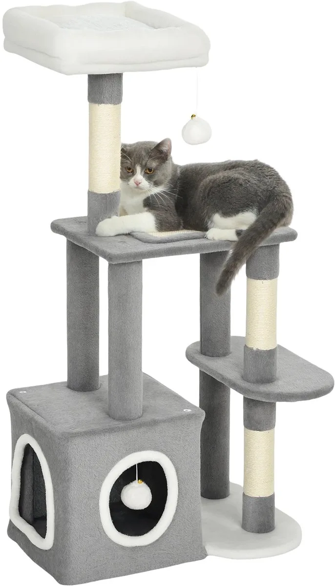 Krabpaal 107 cm – Katten Toren met Cave, Pluche Ballen, Sisal Palen & Platform – Grijs/Wit von Happiq – Produktfoto