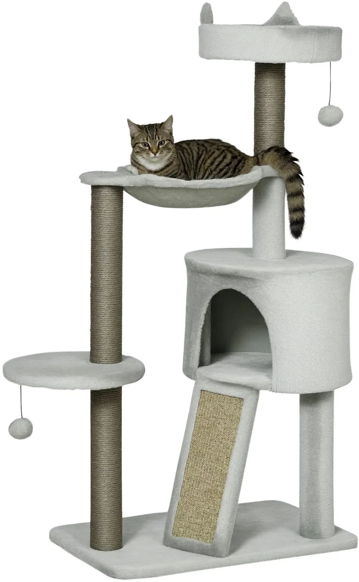 Krabpaal 113 cm – Kattenboom met Katten Cave – Lichtgrijs by Happiq – product photo