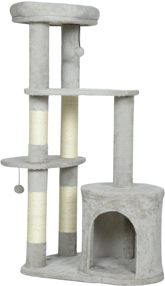 Krabpaal 114 cm – Katten Toren met Cave, Sisal Palen & Platform – Lichtgrijs von Happiq – Produktfoto