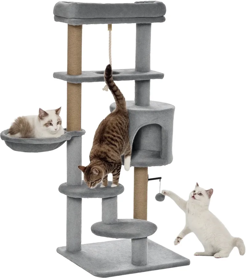 Krabpaal 120 cm – Kattenboom met Mand, Katten Cave & Speelbal – Lichtgrijs by Happiq – product photo