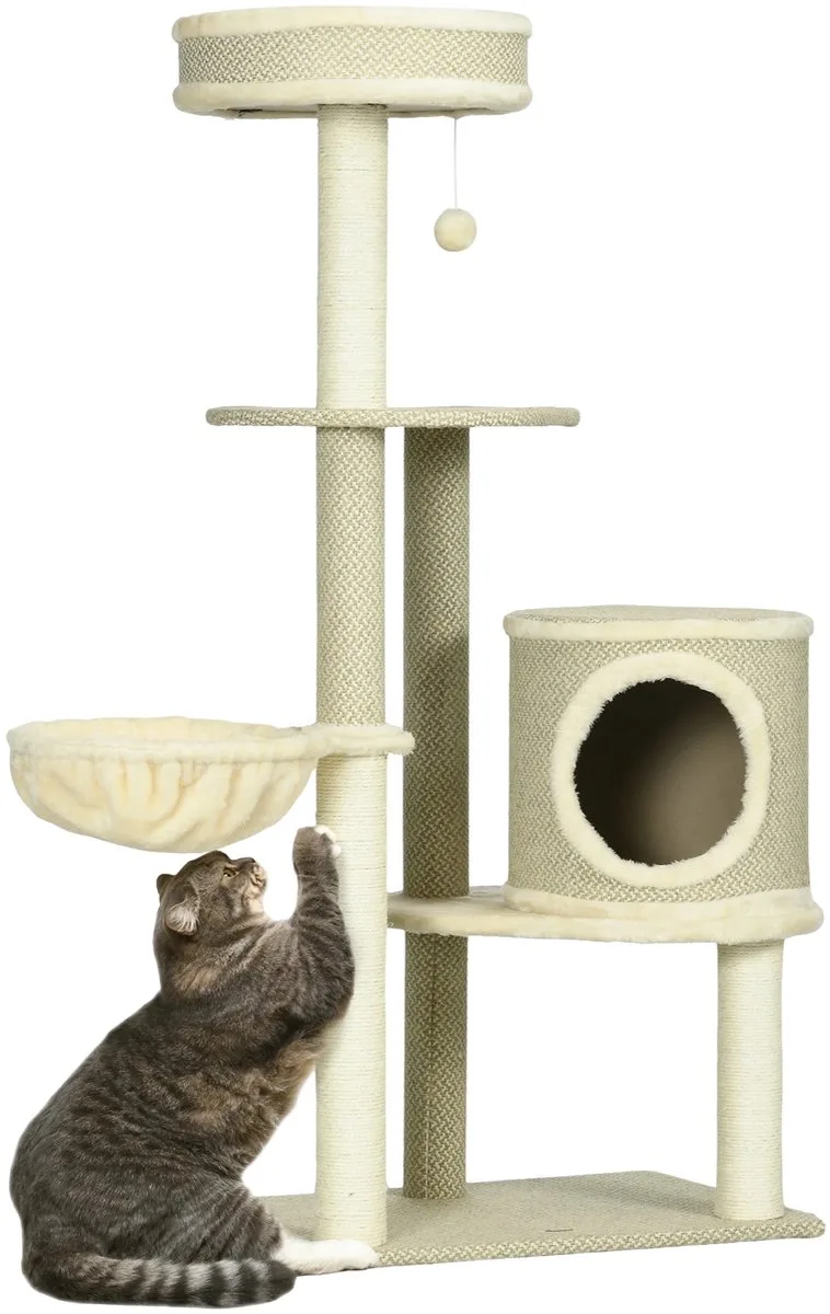 Krabpaal 124 cm – Kattenboom met Katten Cave, Speelbal & Sisal Mand by Happiq in Beige – product photo