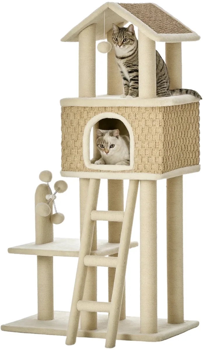 Krabpaal 130 cm – Klimboom met Katten Cave & Speelballen – Khaki de Happiq – photo produit