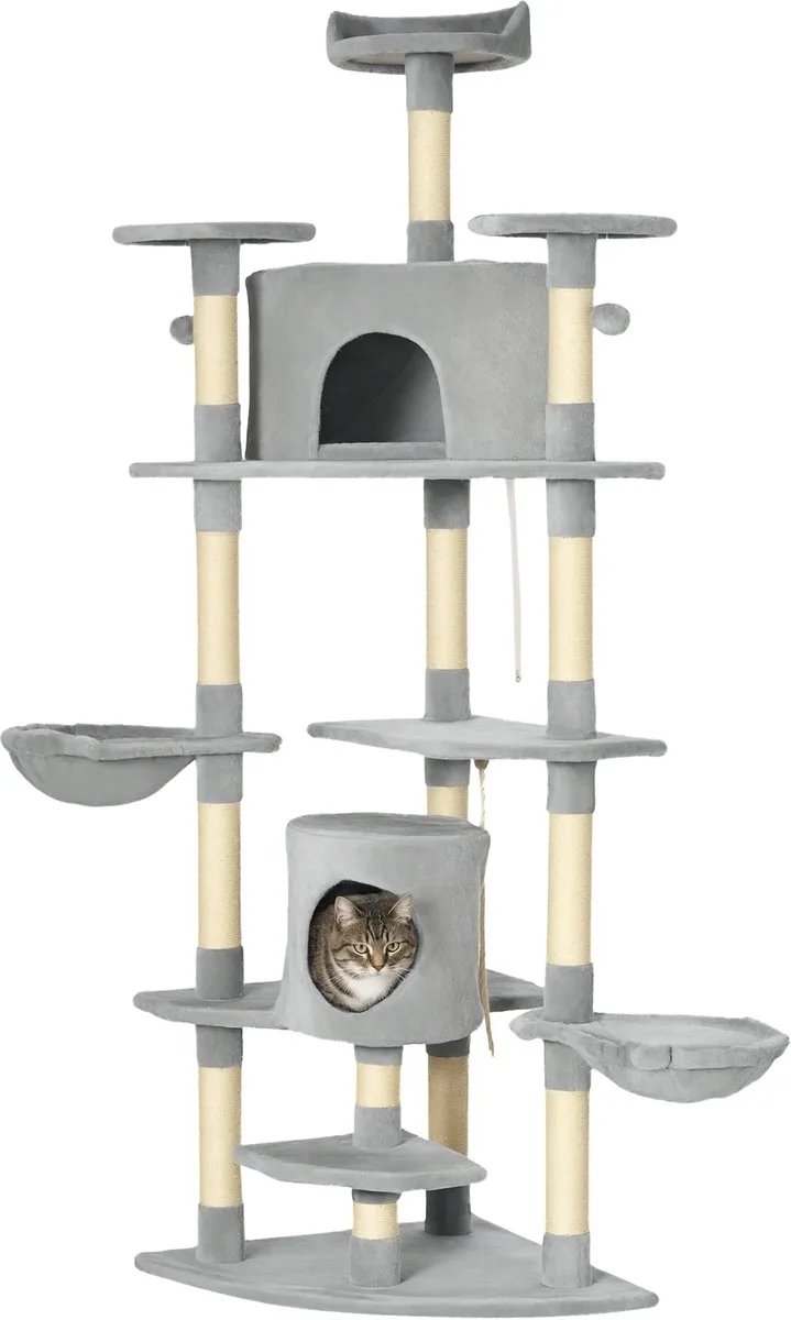 Krabpaal 200 cm – Kattenboom met Katten Caves & Speelballen – Lichtgrijs von Happiq – Produktfoto
