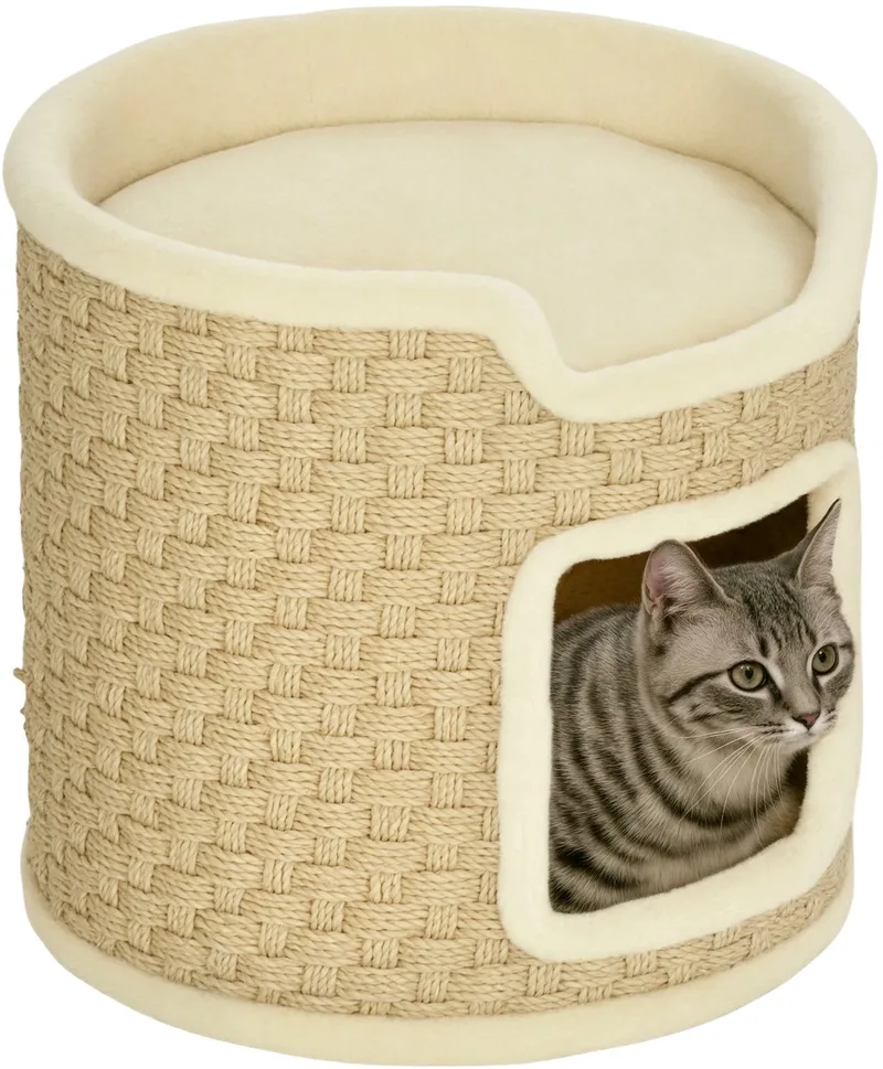 Krabpaal 37 cm – Kattentunnel met Deur, Katten Cave & 2 Verdiepingen – Khaki by Happiq – product photo