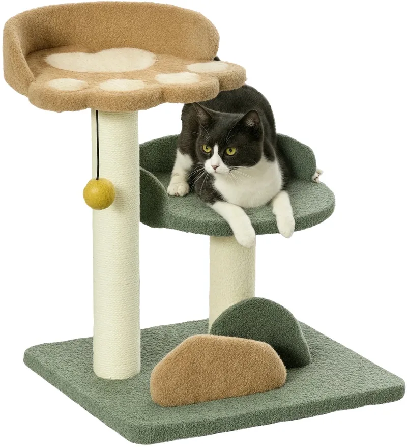Krabpaal 52 cm – Klimboom met 2 Verdiepingen, Sisal & Speelbal – Groen by Happiq – product photo