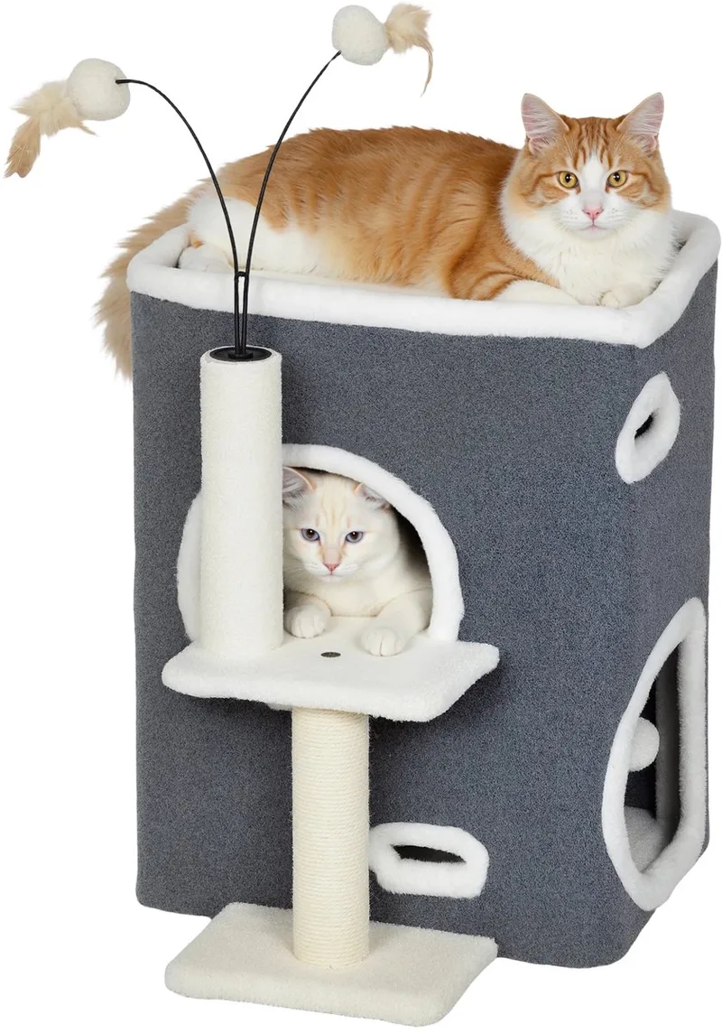 Krabpaal 58 cm – Kleine Katten Toren met Cave, 3 Pluche Ballen & Sisal Palen – Grijs/Wit von Happiq – Produktfoto