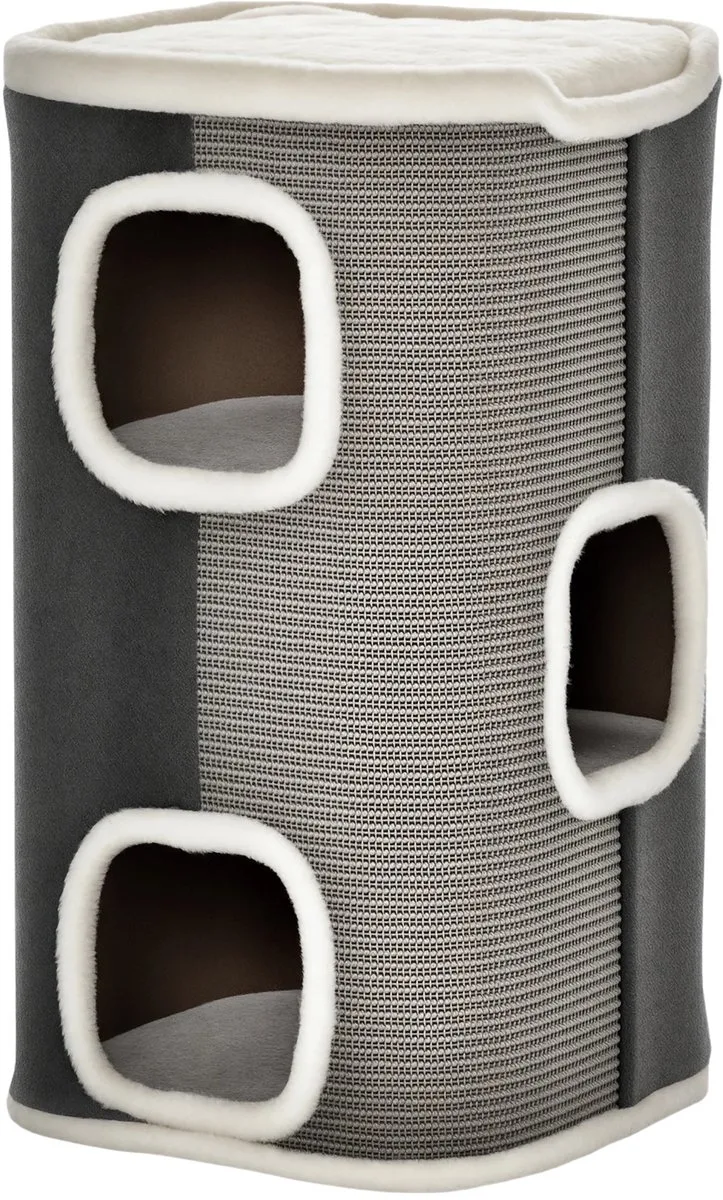 Krabpaal 74 cm – 3-Laagse Katten Ton met Kussen, Katten Cave & Pluche Rand – Grijs/Wit by Happiq – product photo
