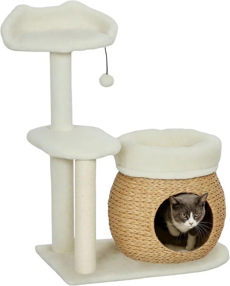 Krabpaal 79 cm – Kattenboom met Katten Cave voor Katten tot 5 kg – Crèmewit by Happiq – product photo