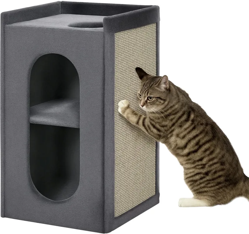 Krabpaal 81 cm – Kattenboom met 2 Katten Caves & Krabplank – 2-Laagse Krabtoren von Happiq in Dunkelgrau – Produktfoto